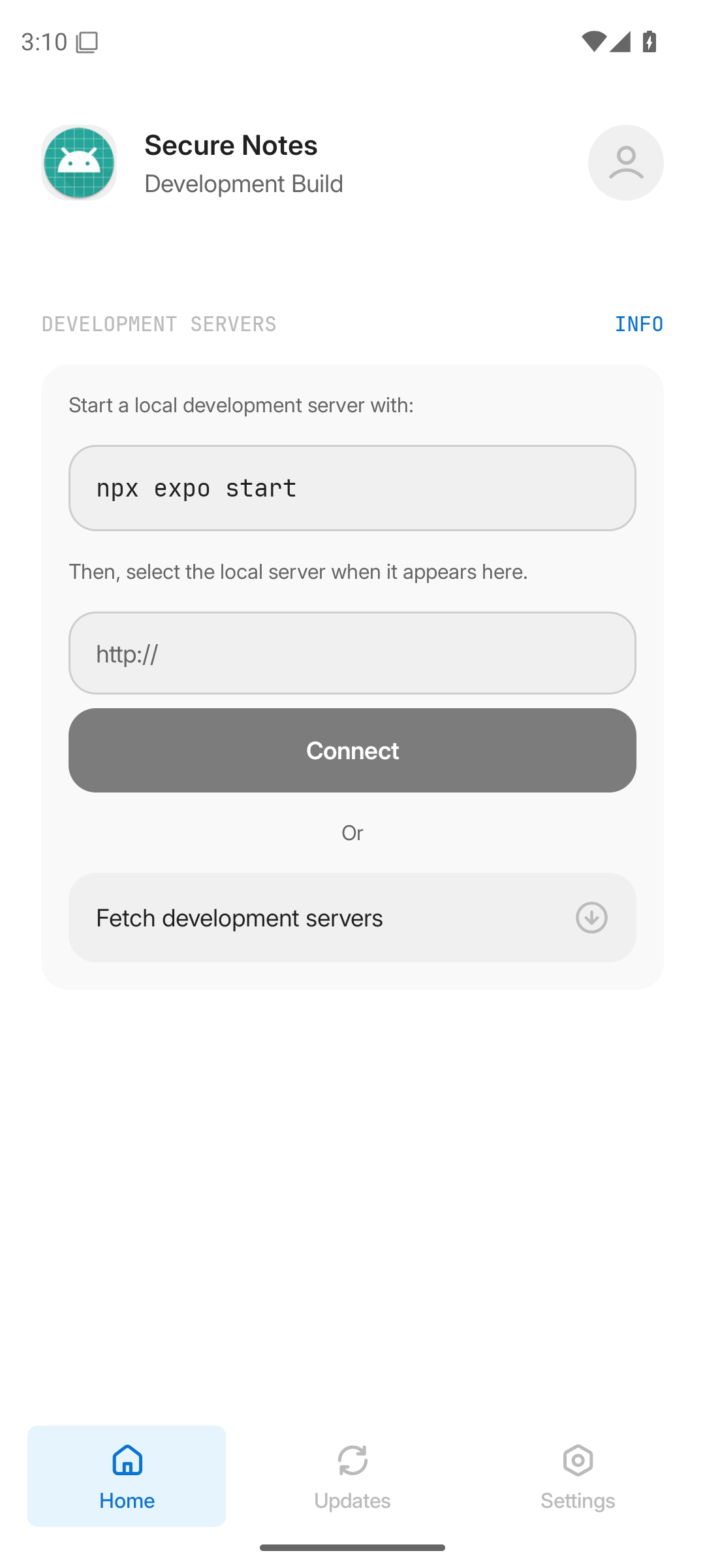 Expo Development Build initial screen